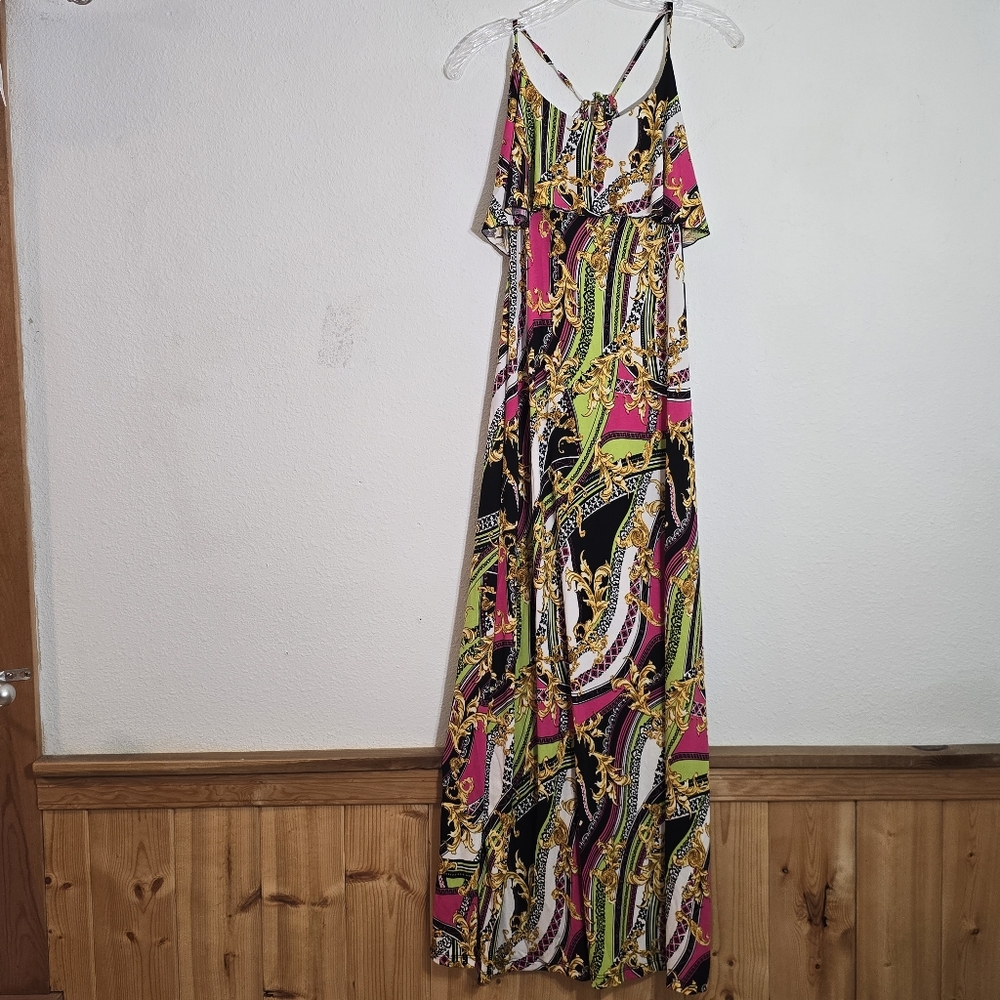 Wall St Maxi Colorful Abstract Thin Strap Ruffle Maxi Summer Small Dress NWT USA